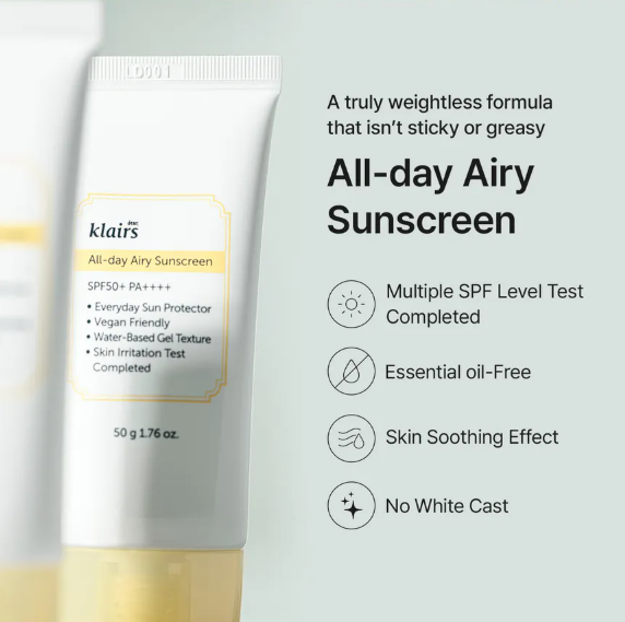 Dear, Klairs - All day Airy suncreen - Crema solare ariosa per tutto il giorno